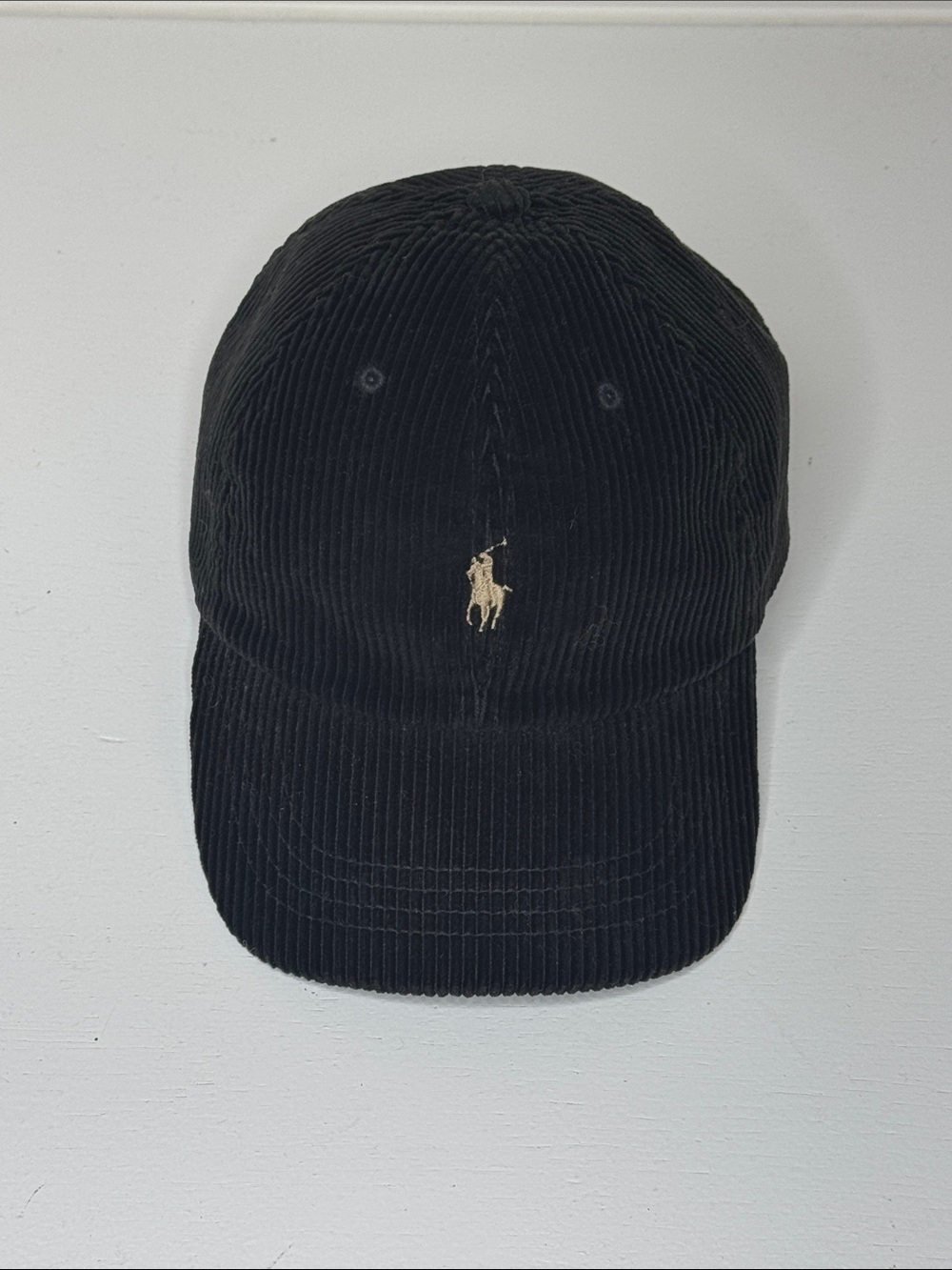 Polo Ralph Lauren Black Corduroy Hat Cream Pony Logo Leather Back Strap OS